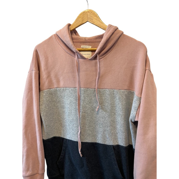 AMERICAN EAGLE Black Grey & Pink Colour Blocked Hooded Pullover Sweatshirt M - Picture 2 of 8